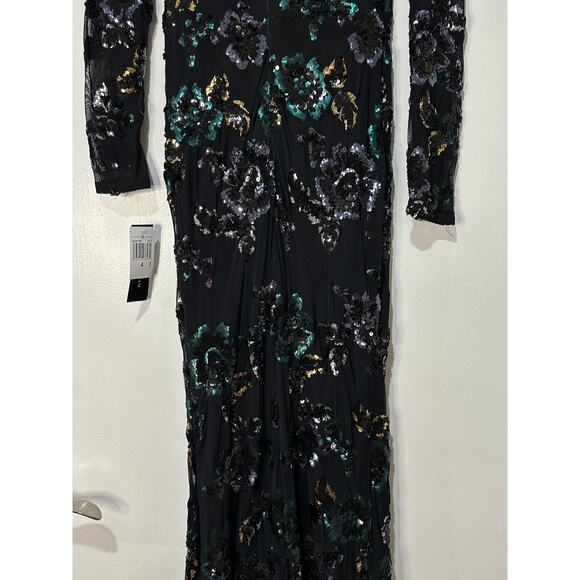 Betsy & Adam Black Floral Sequin Full Length Gown Size 4 NWT Teal Silver Roses - Picture 11 of 14
